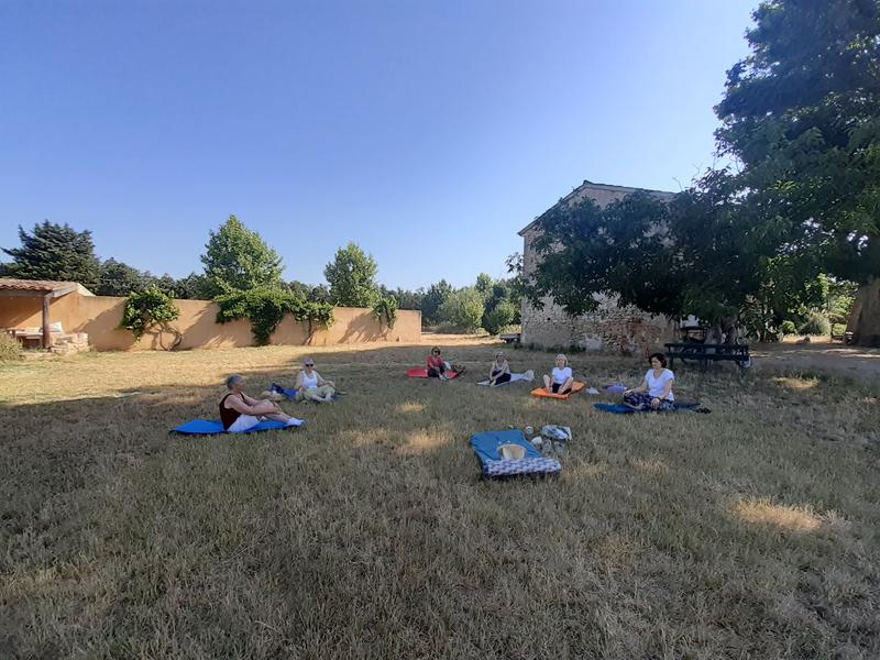 Eine Gruppe von Frauen sitzt auf Yogamatten in einem großen Feld von