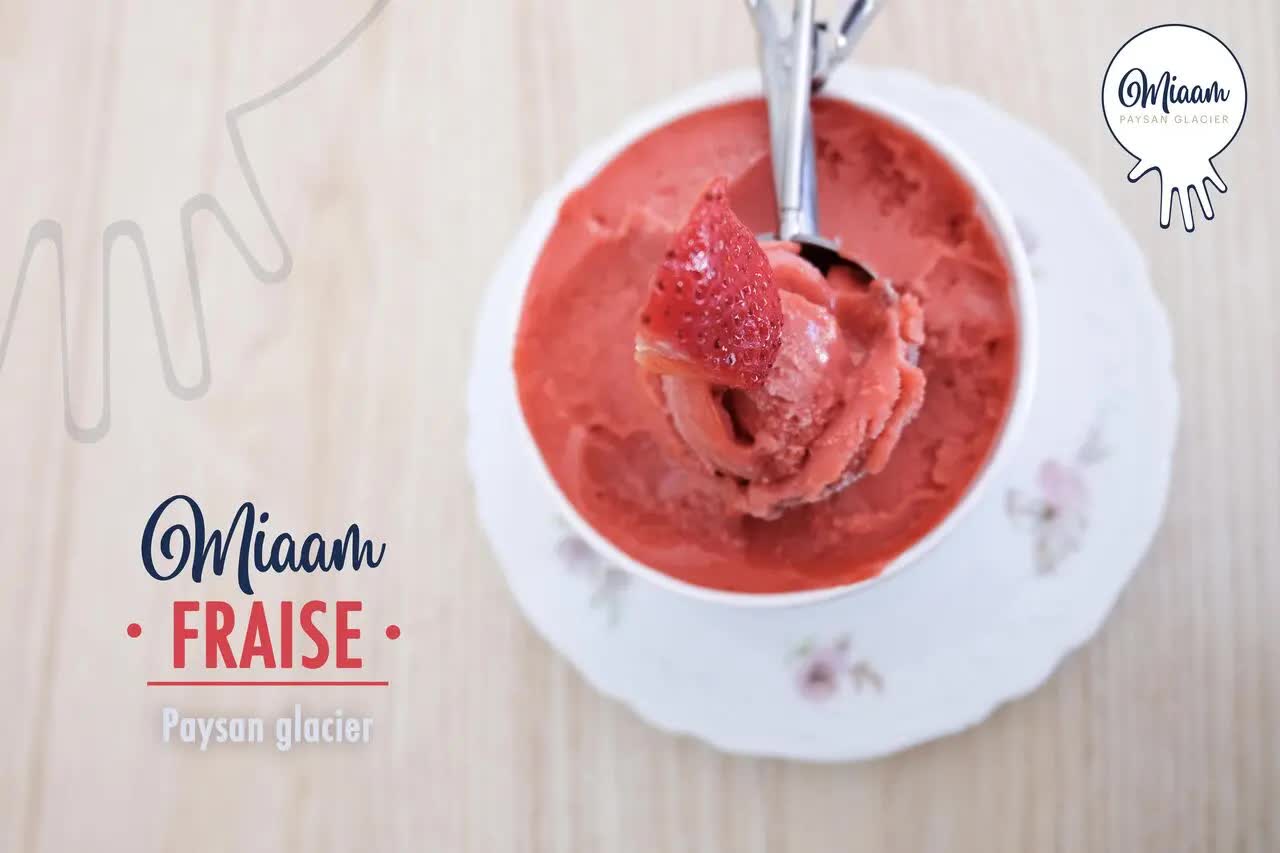 Ein knallrotes Erdbeersorbet, das in einer Schüssel serviert wird und mit einem Stück frischer Erdbeere belegt wird und an die Frische der verwendeten Früchte erinnert.