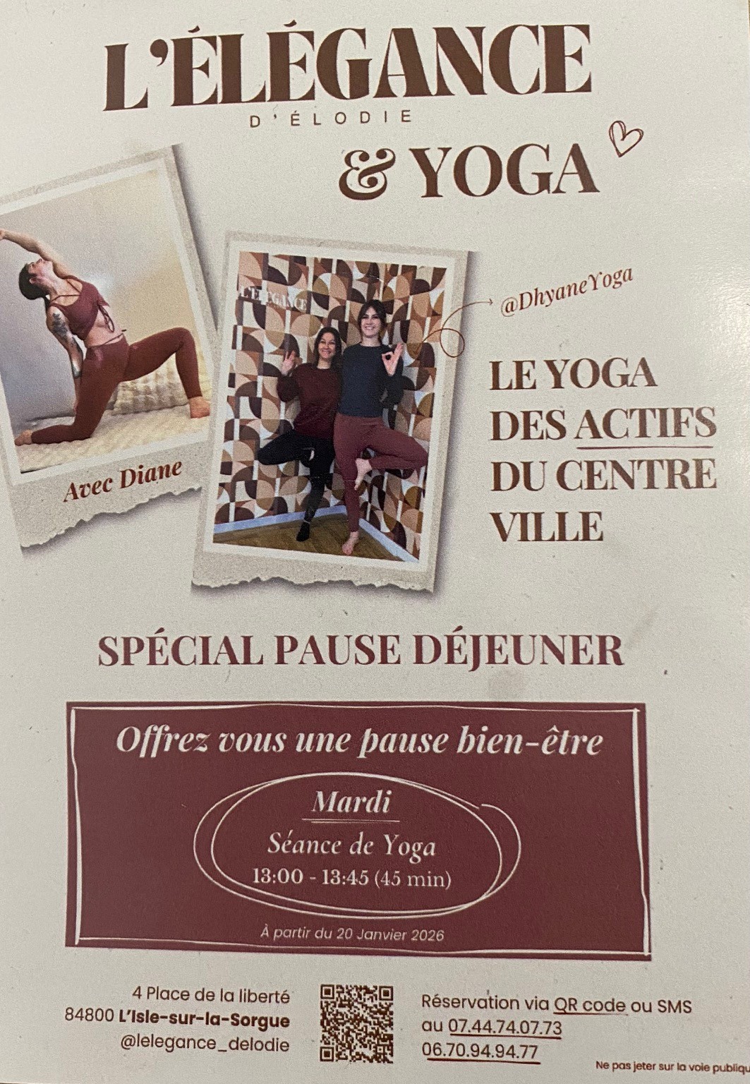 Poster-Partnerschaft zwischen Dhyane Yoga und Elodie für eine Yogastunde am Dienstag um 13 Uhr