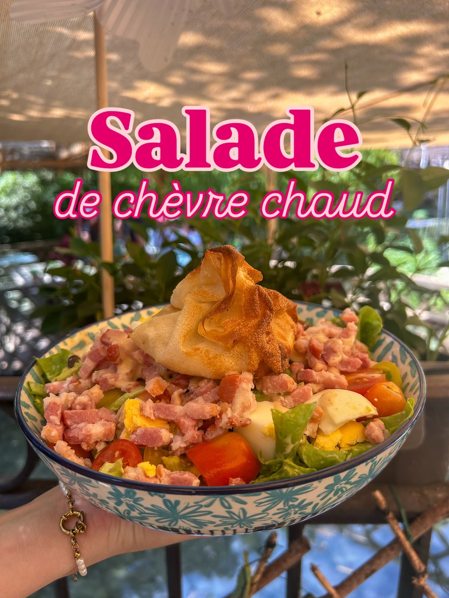 Scharfer Ziegenkäsesalat in einer Porzellanschale mit Vegetation im Hintergrund