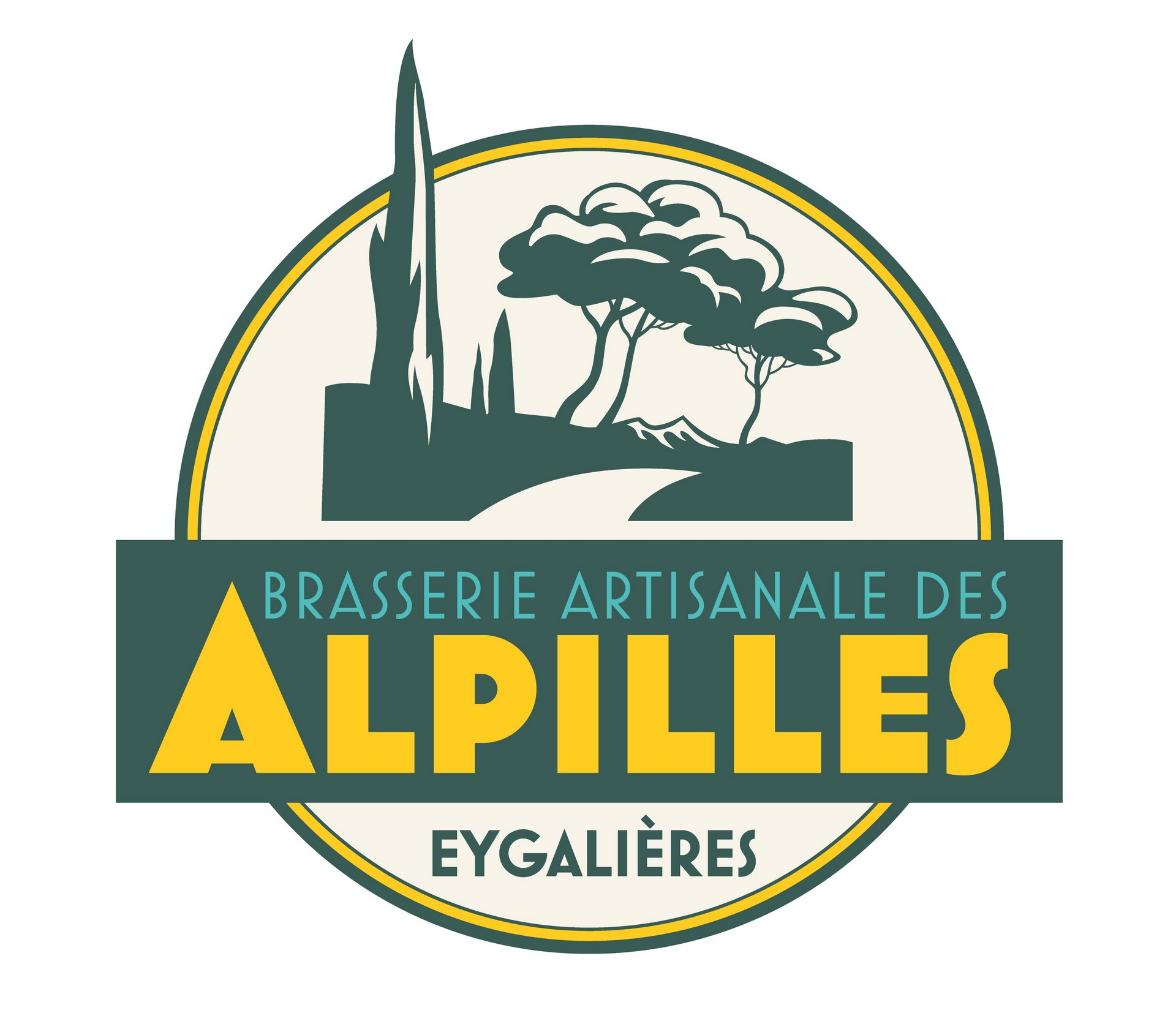 Logo der Brasserie Artisanale des Alpilles in Eygalières, inspiriert von provenzalischen Landschaften mit den Reliefs der Alpilles, Zypressen und Pinien, die für das Gebiet typisch sind.
